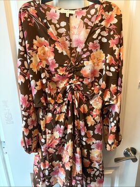 Promesa Brown Floral Long-Sleeve Tie-Front Dress